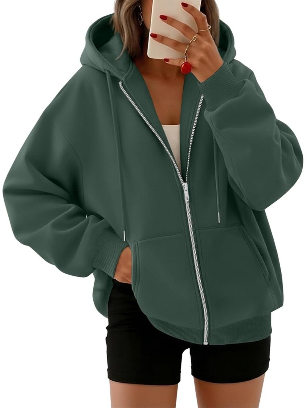 〽️Women's Green Oversized Zip Up Hooded Neck Cute Lightweight Winter Sweatshirt
